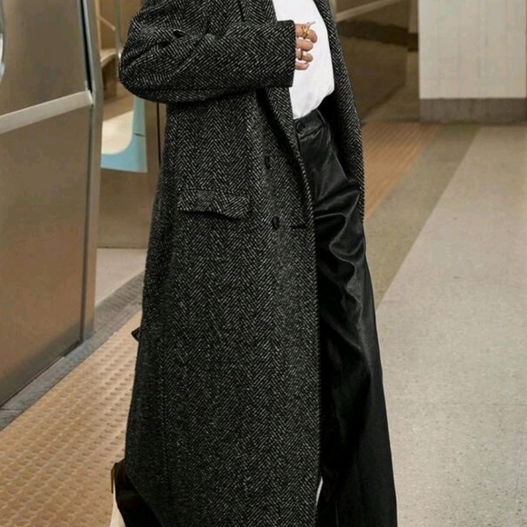 New Chic Oversized Herringbone Tweed Long Maxi Jacket Coat Black White - Picture 4 of 9